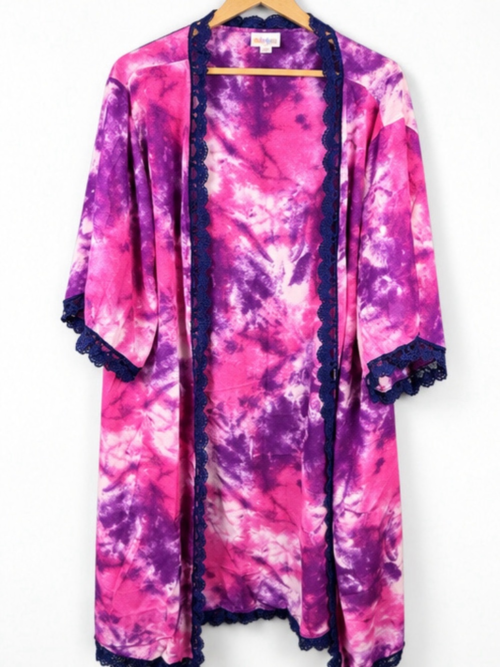 LuLaRoe Chloe Kimono Duster Women M Pink Purple Tie Dye Lace Trim Boho